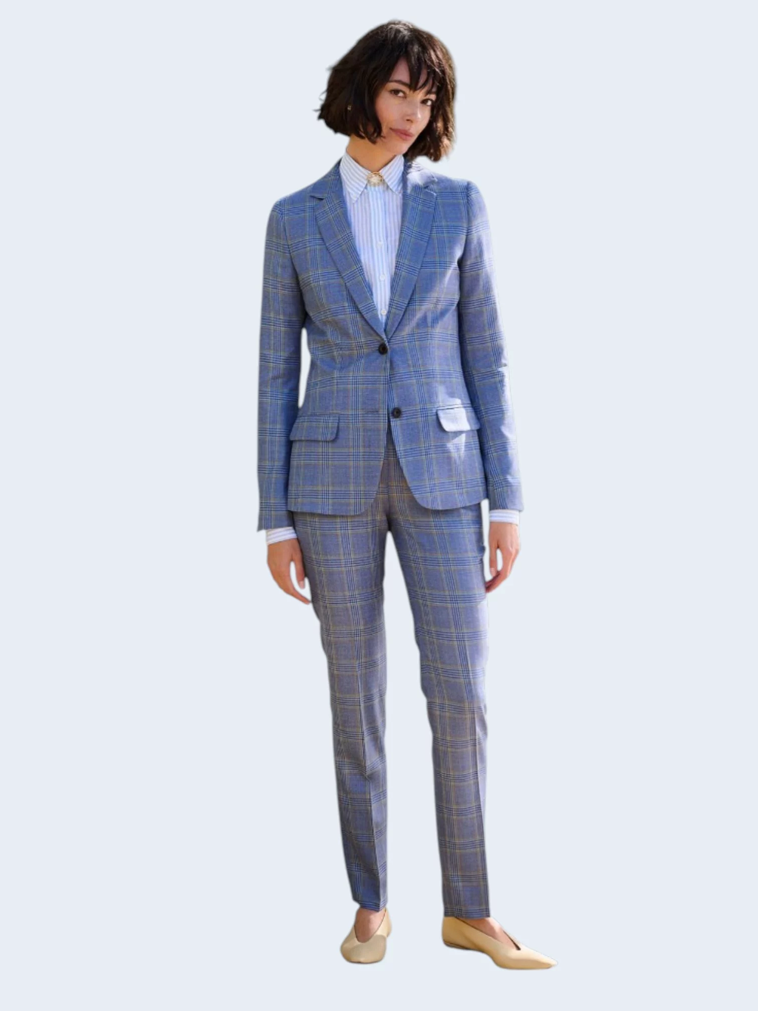 Trouwpak vrouw blauw met ruit