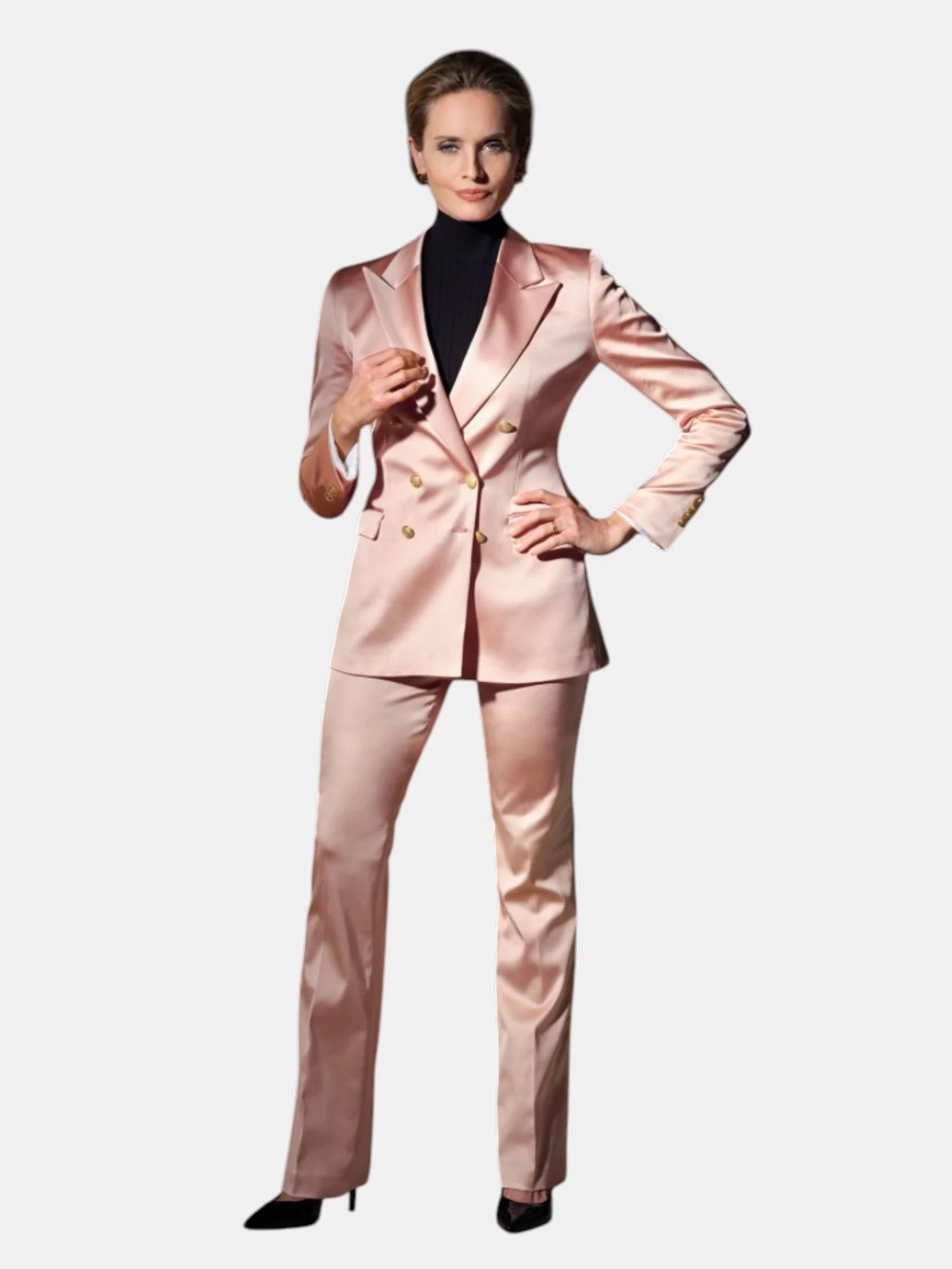 Feestelijk dames pak op maat gemaakt in zalm roze