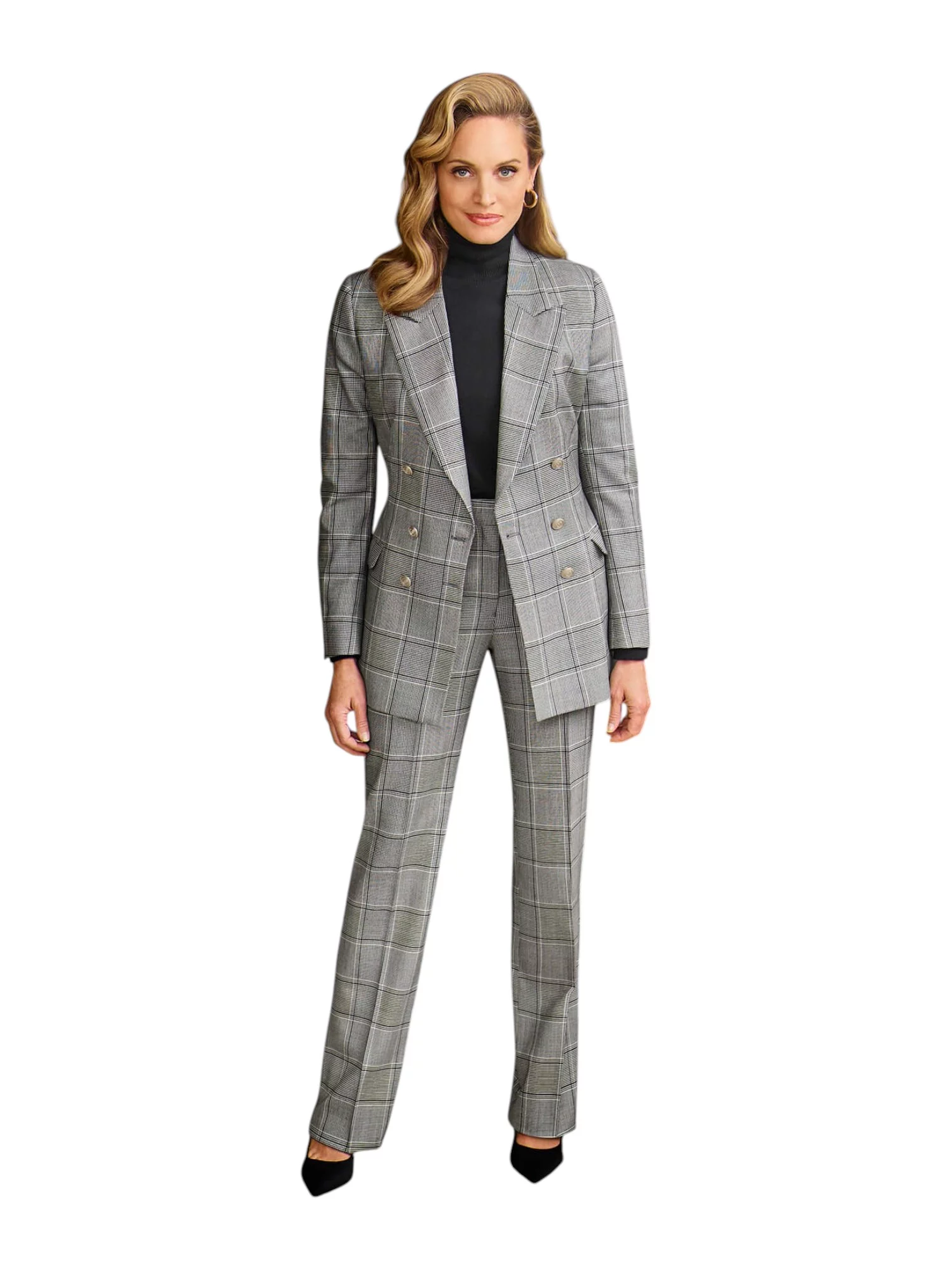 broekpak vrouw zakelijk grijs met ruiten