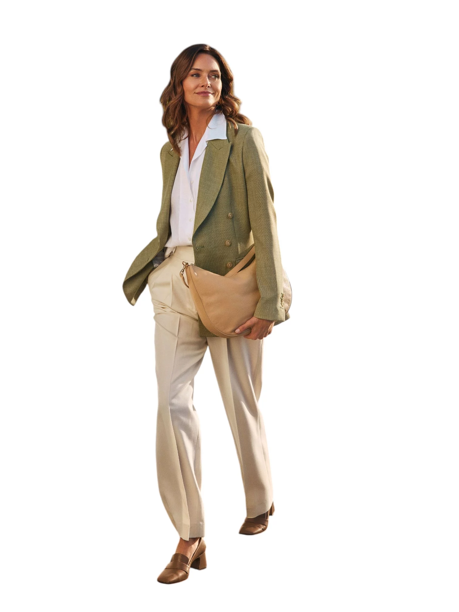 Zakelijk vrouwen pak op maat in beige pantalon en groene blazer