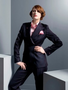 Dames maatkostuum blauw streep g