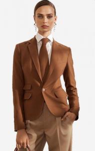Dames maatkostuum bruin met stropdas