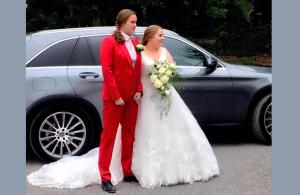 Rood dames pak bruidspak met gilet