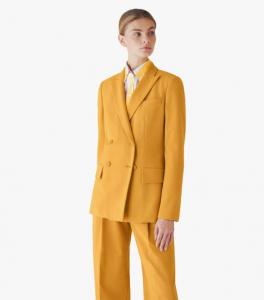 Geel dames trouwpak bruidspak met stropdas