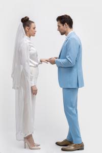 Wit zijde unieke bruid blouse met witte pantalon en bruidsluier